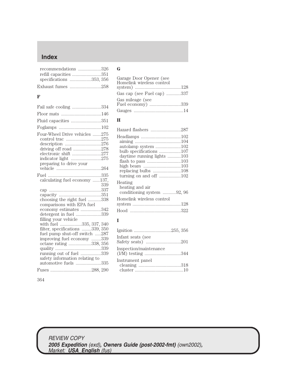 Index | FORD 2005 Expedition v.1 User Manual | Page 364 / 368