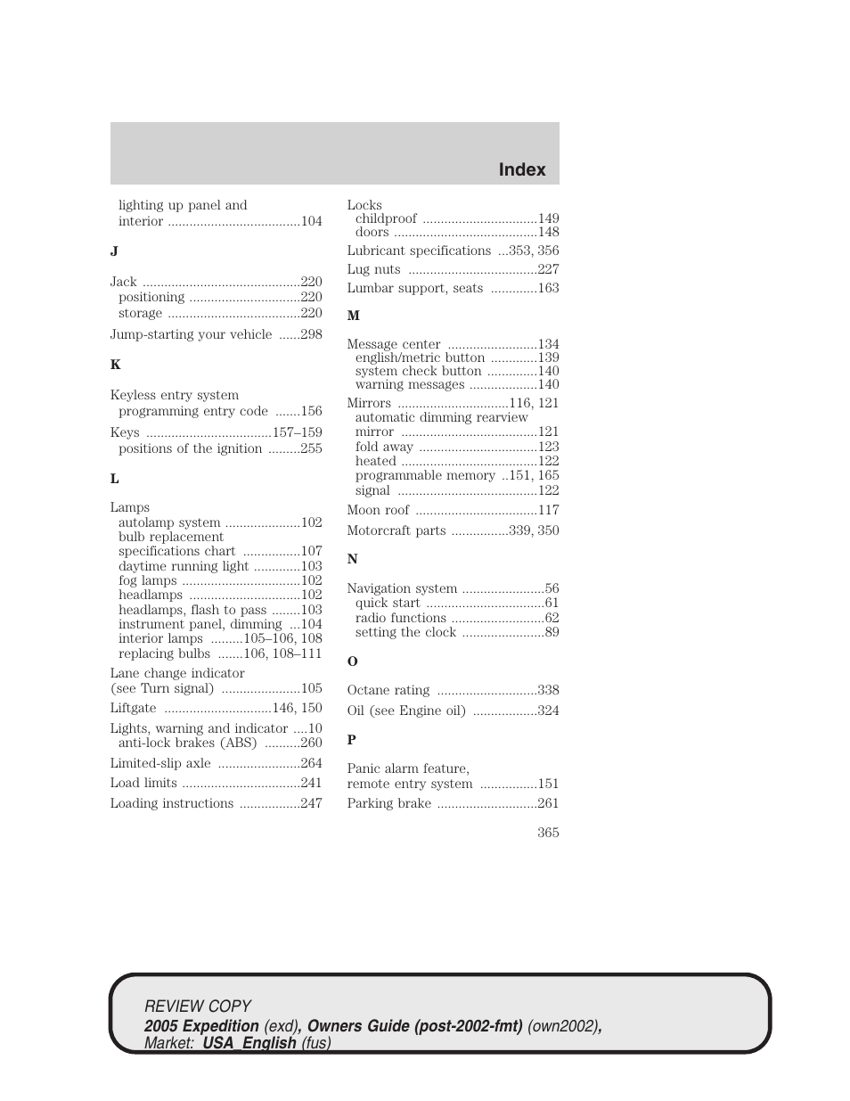 Index | FORD 2005 Expedition v.1 User Manual | Page 365 / 368