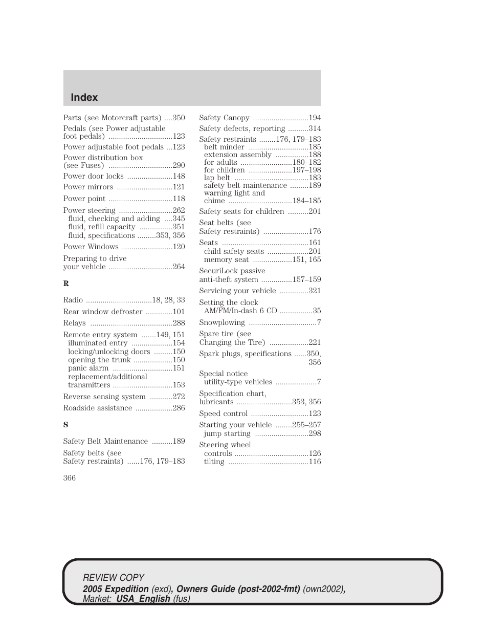 Index | FORD 2005 Expedition v.1 User Manual | Page 366 / 368