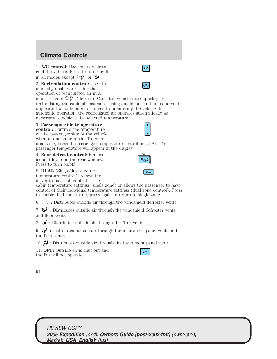 Climate controls | FORD 2005 Expedition v.1 User Manual | Page 94 / 368
