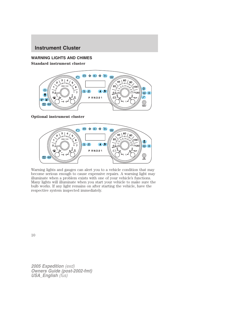 Instrument cluster, Warning lights and chimes, Warning and control lights | FORD 2005 Expedition v.2 User Manual | Page 10 / 376