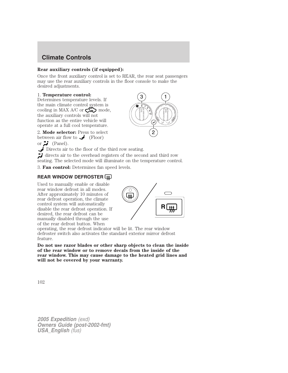 Rear window defroster, Climate controls | FORD 2005 Expedition v.2 User Manual | Page 102 / 376