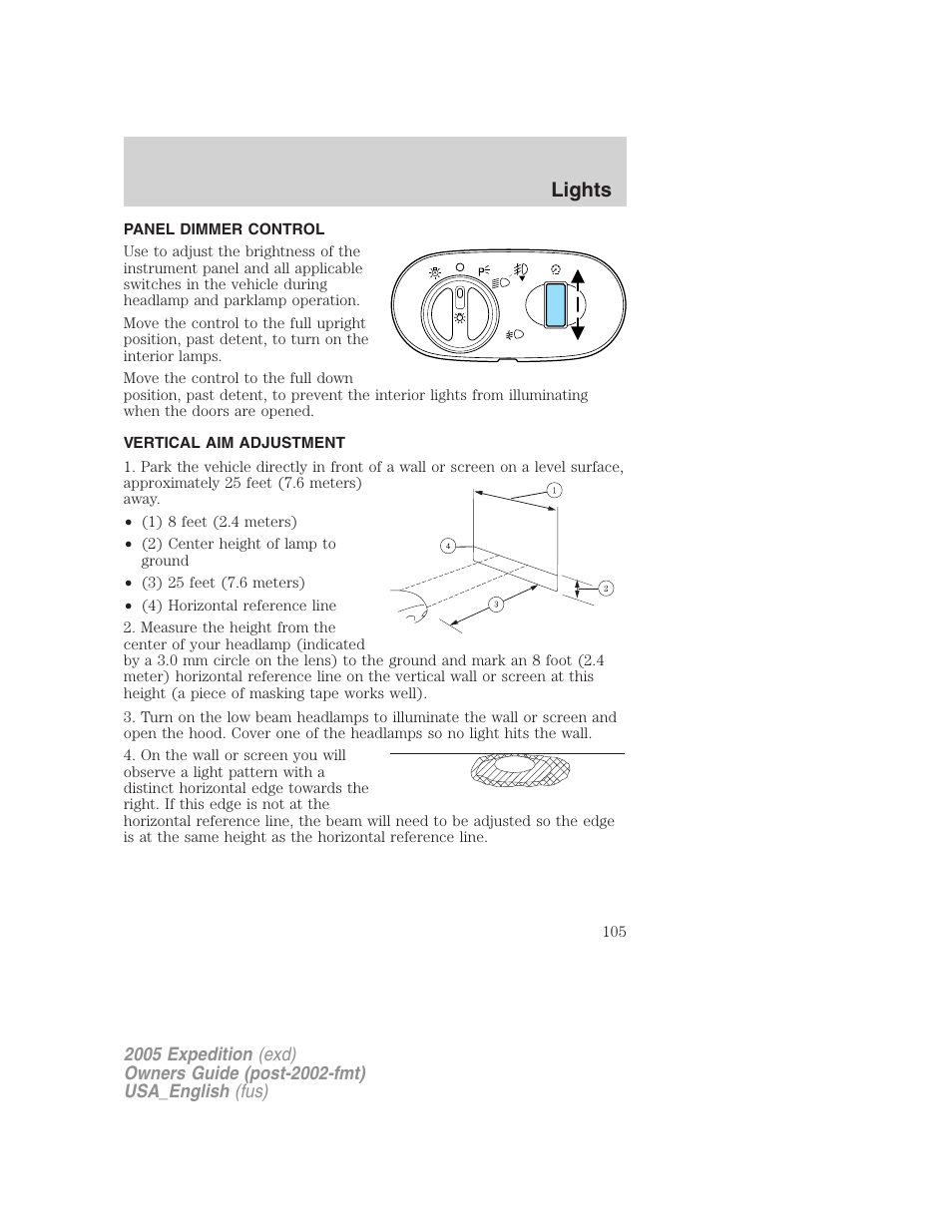 Panel dimmer control, Vertical aim adjustment, Lights | FORD 2005 Expedition v.2 User Manual | Page 105 / 376