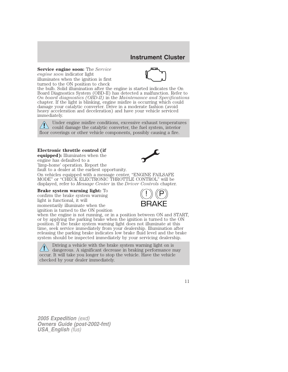 P! brake | FORD 2005 Expedition v.2 User Manual | Page 11 / 376