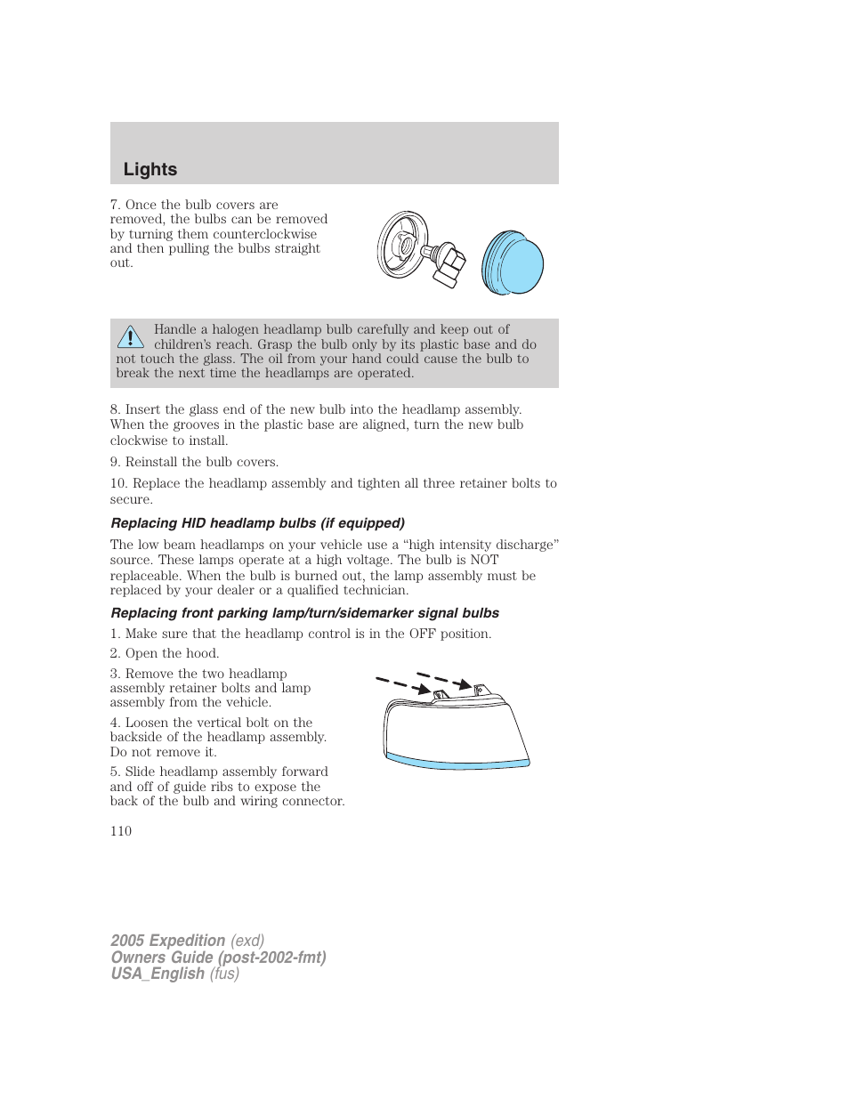 Replacing hid headlamp bulbs (if equipped), Lights | FORD 2005 Expedition v.2 User Manual | Page 110 / 376