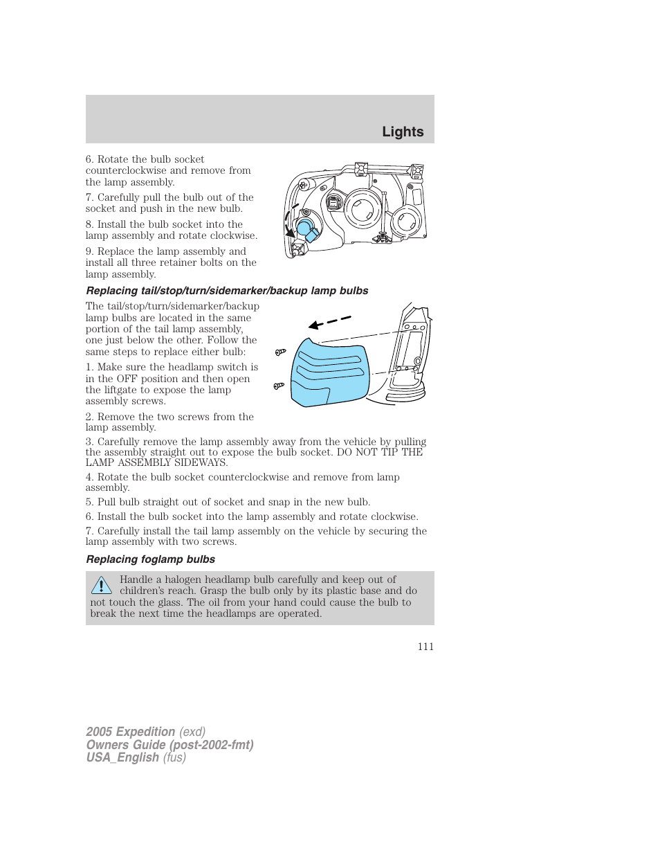 Replacing foglamp bulbs, Lights | FORD 2005 Expedition v.2 User Manual | Page 111 / 376