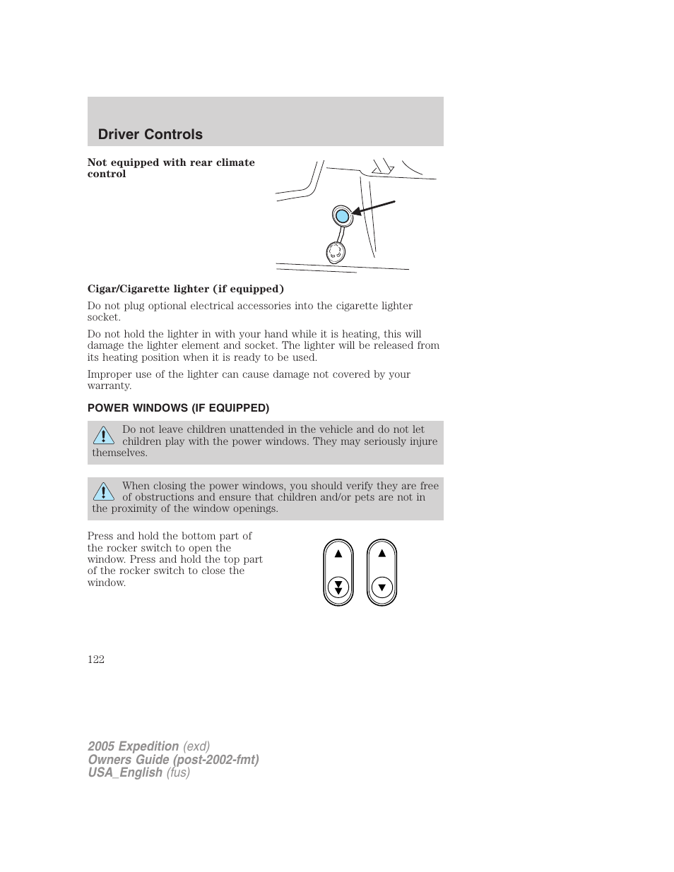 Power windows (if equipped), Power windows, Driver controls | FORD 2005 Expedition v.2 User Manual | Page 122 / 376