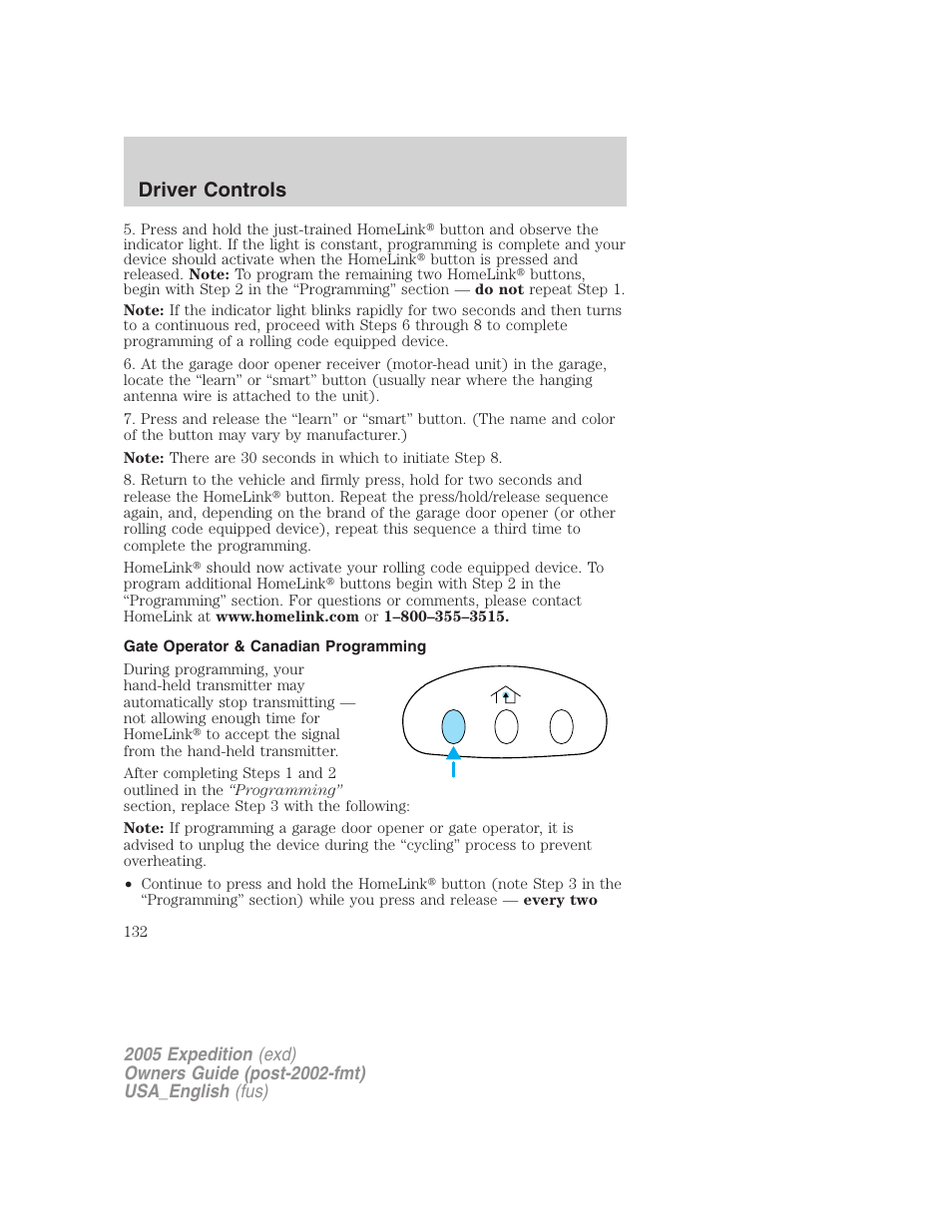 Gate operator & canadian programming, Driver controls | FORD 2005 Expedition v.2 User Manual | Page 132 / 376