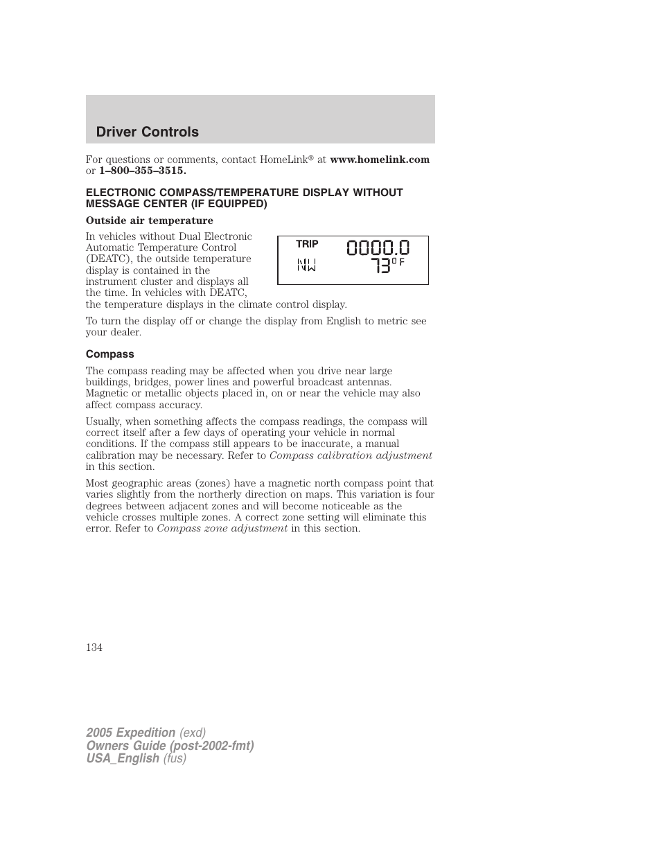 Compass, Driver controls | FORD 2005 Expedition v.2 User Manual | Page 134 / 376