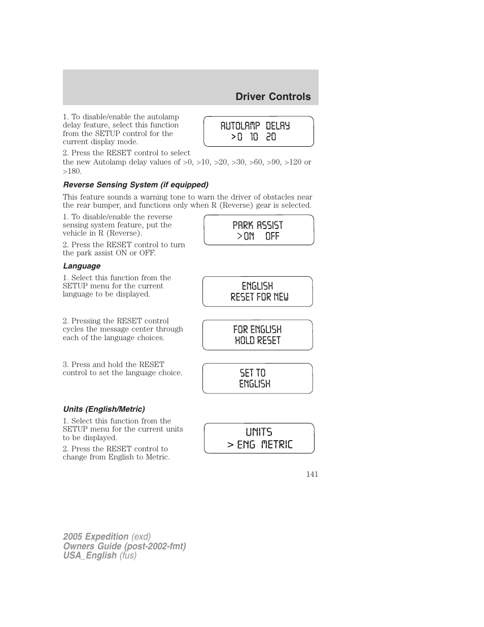 Reverse sensing system (if equipped), Language, Units (english/metric) | Driver controls | FORD 2005 Expedition v.2 User Manual | Page 141 / 376