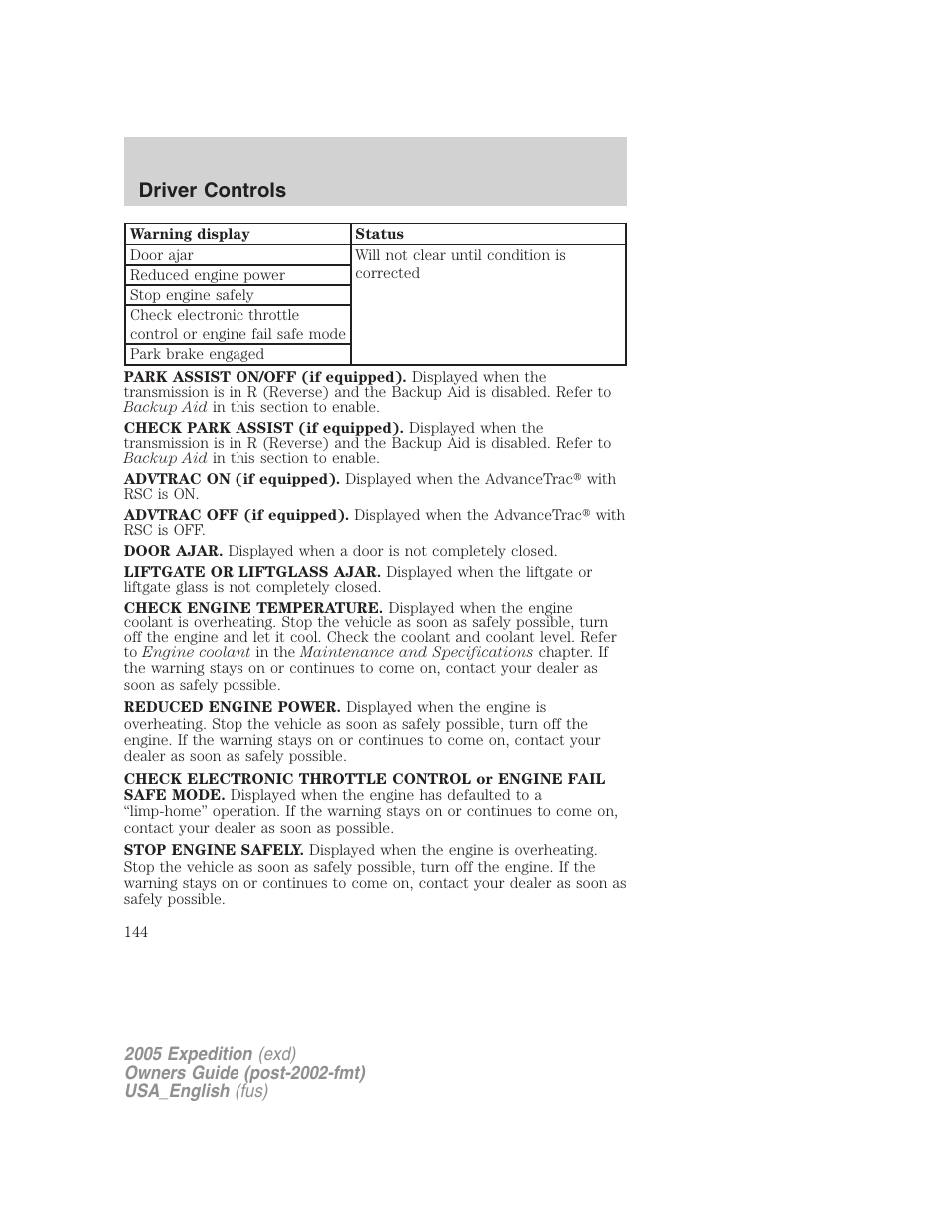 Driver controls | FORD 2005 Expedition v.2 User Manual | Page 144 / 376