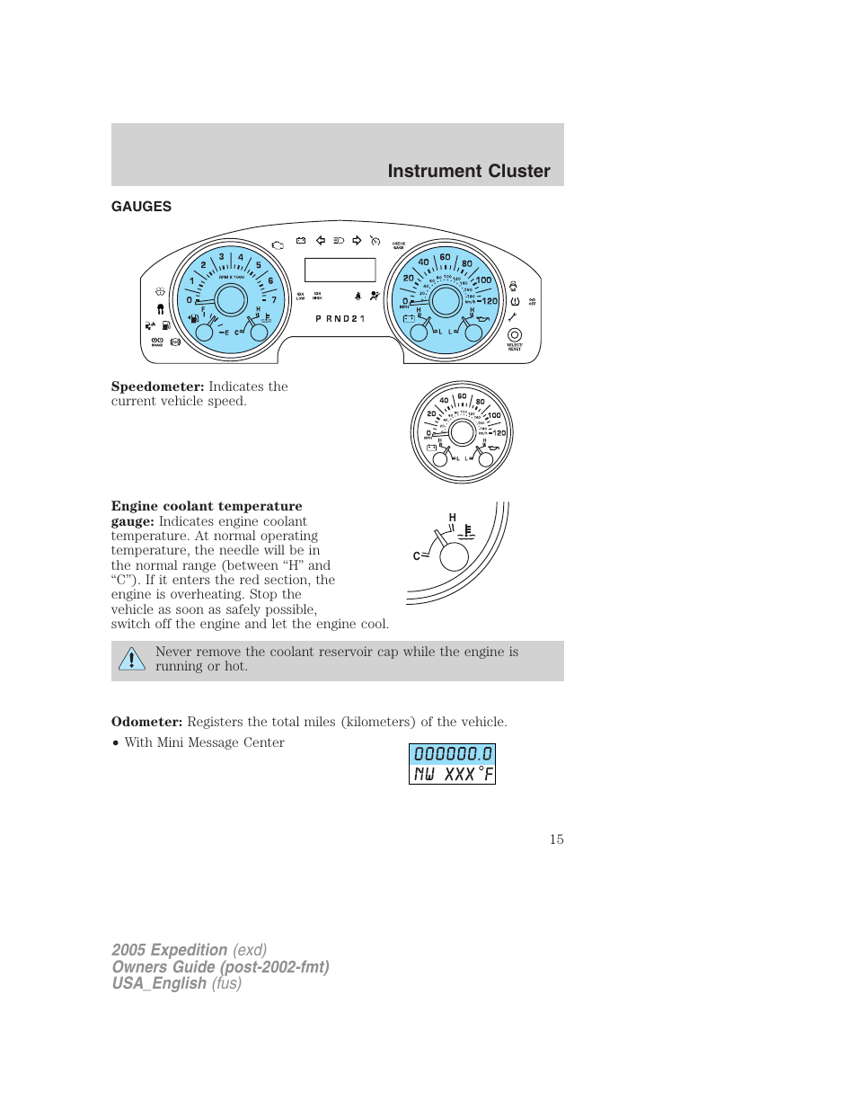 Gauges, Instrument cluster | FORD 2005 Expedition v.2 User Manual | Page 15 / 376