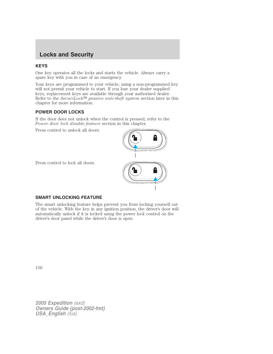 Locks and security, Keys, Power door locks | Smart unlocking feature, Locks | FORD 2005 Expedition v.2 User Manual | Page 150 / 376