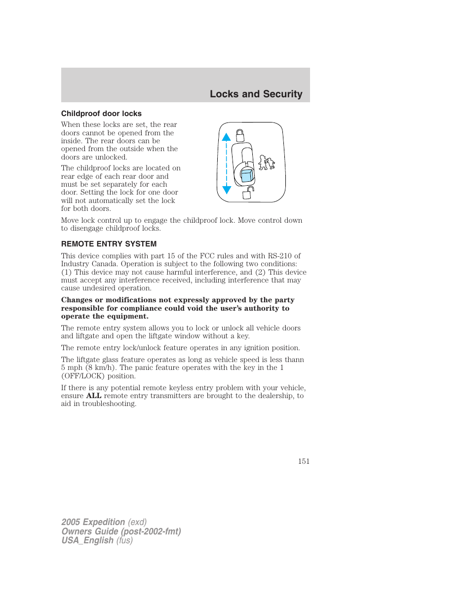 Childproof door locks, Remote entry system, Anti-theft system | Locks and security | FORD 2005 Expedition v.2 User Manual | Page 151 / 376