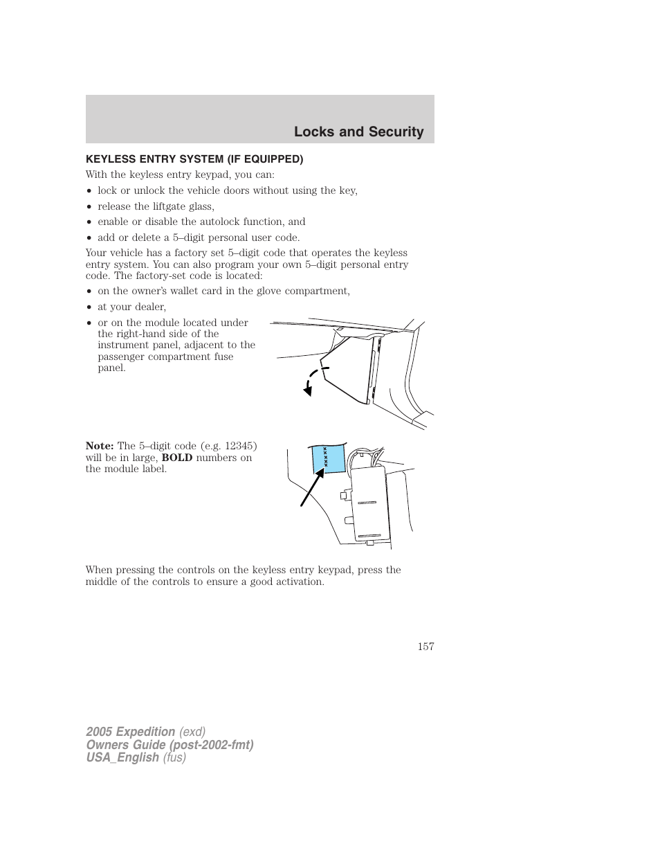 Keyless entry system (if equipped), Locks and security | FORD 2005 Expedition v.2 User Manual | Page 157 / 376