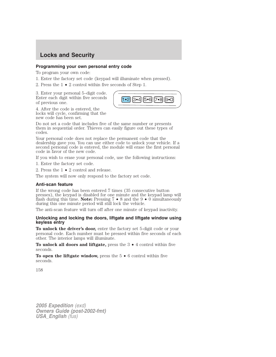 Programming your own personal entry code, Anti-scan feature, Locks and security | FORD 2005 Expedition v.2 User Manual | Page 158 / 376