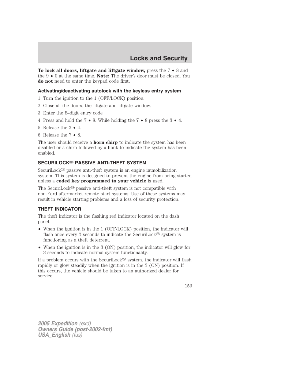 Securilock passive anti-theft system, Theft indicator, Locks and security | FORD 2005 Expedition v.2 User Manual | Page 159 / 376