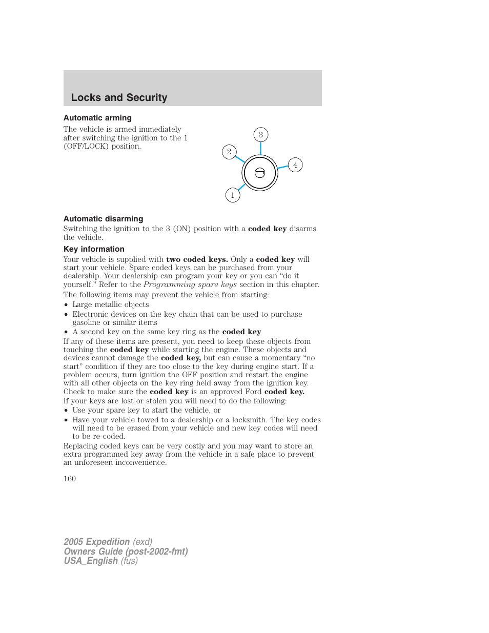 Automatic arming, Automatic disarming, Key information | Locks and security | FORD 2005 Expedition v.2 User Manual | Page 160 / 376