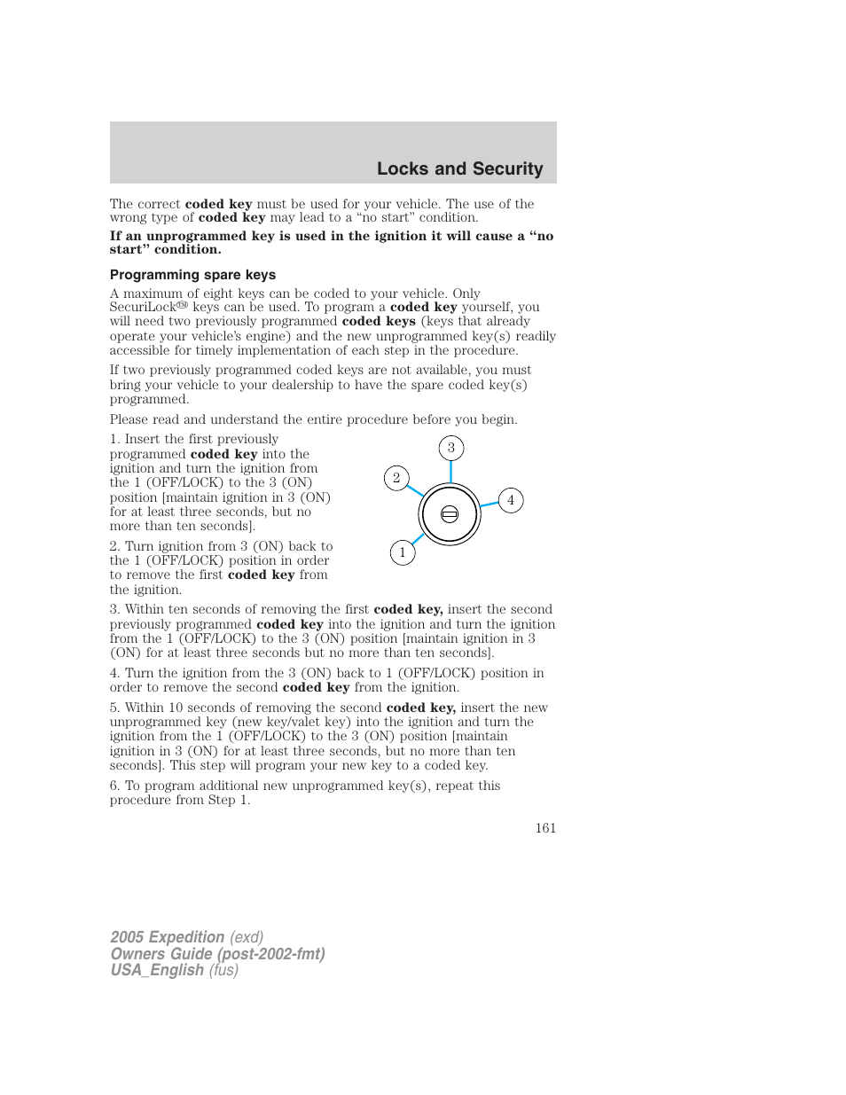 Programming spare keys, Locks and security | FORD 2005 Expedition v.2 User Manual | Page 161 / 376