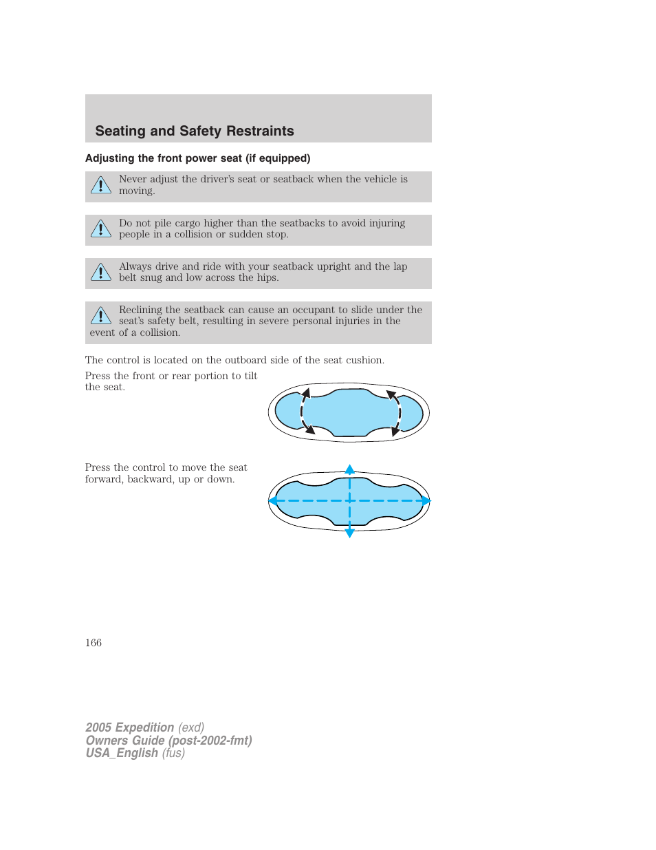 Adjusting the front power seat (if equipped), Seating and safety restraints | FORD 2005 Expedition v.2 User Manual | Page 166 / 376