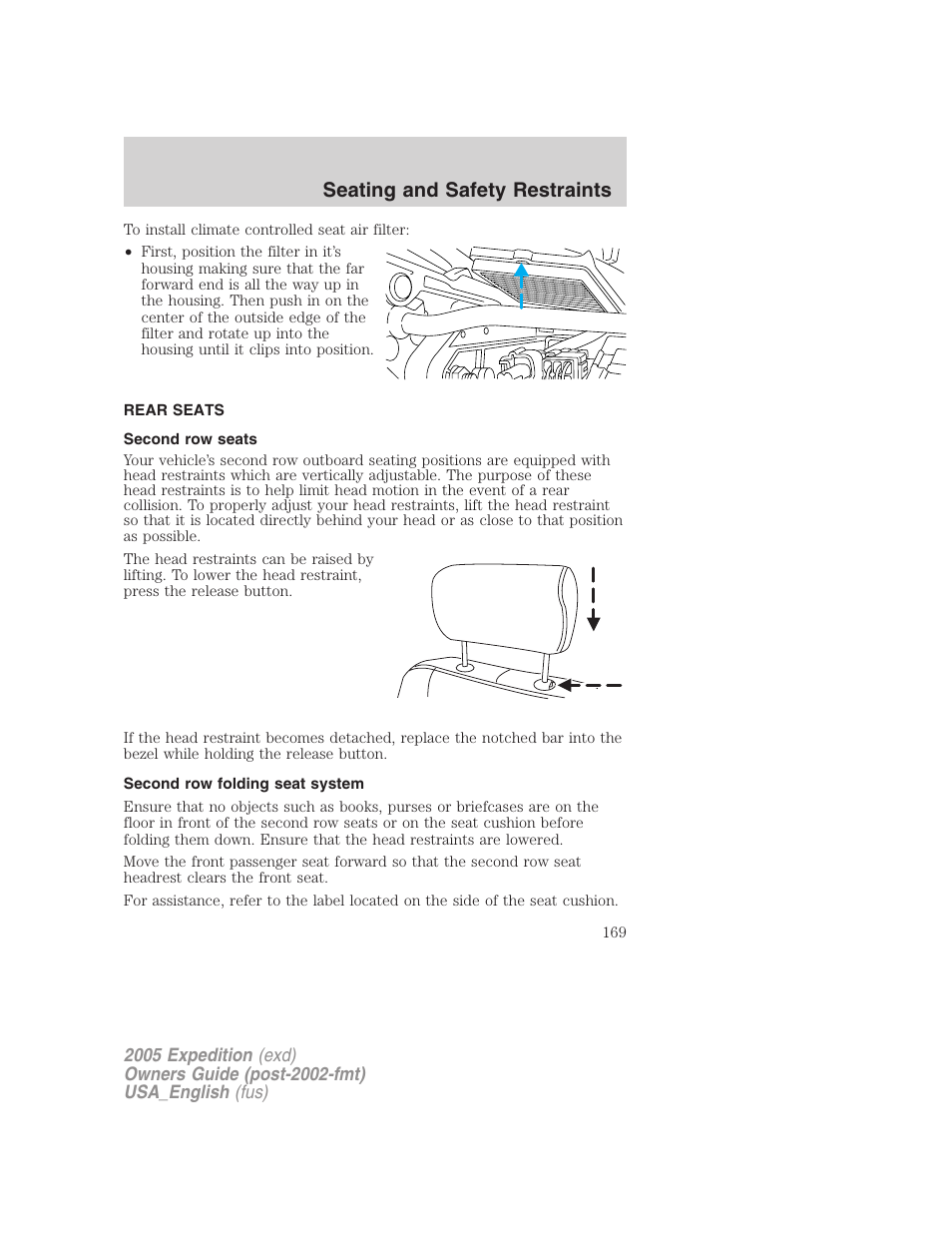Rear seats, Second row seats, Second row folding seat system | Seating and safety restraints | FORD 2005 Expedition v.2 User Manual | Page 169 / 376