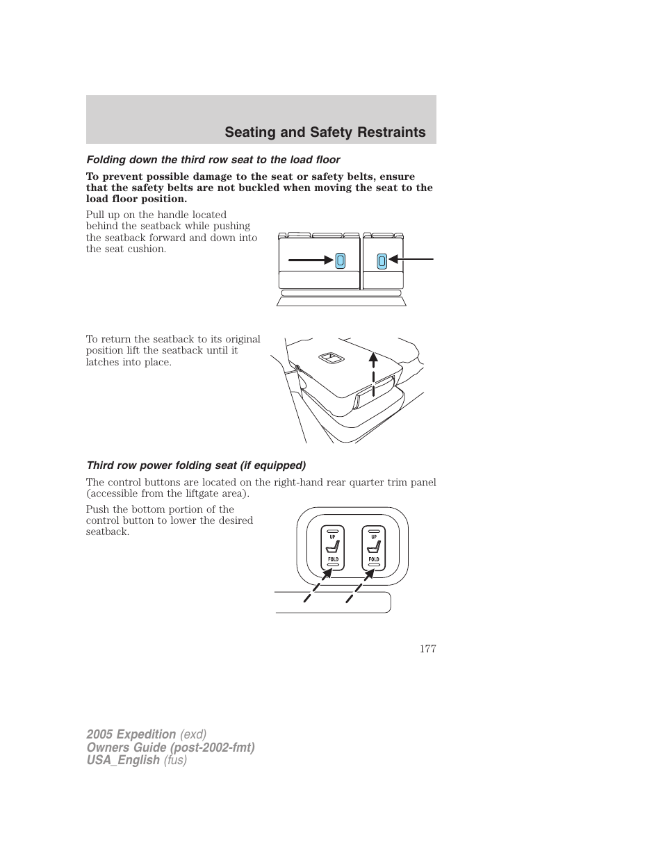 Folding down the third row seat to the load floor, Third row power folding seat (if equipped), Seating and safety restraints | FORD 2005 Expedition v.2 User Manual | Page 177 / 376