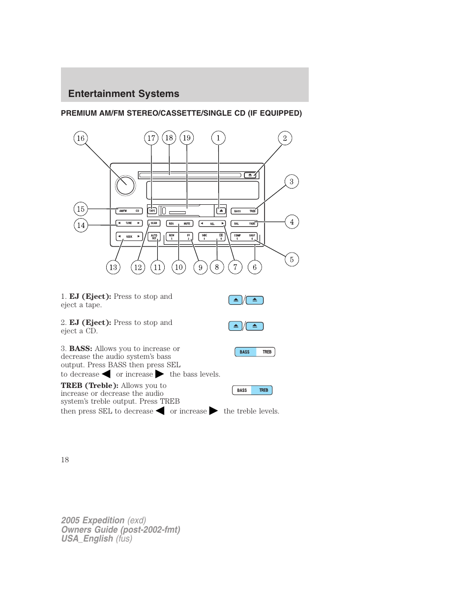 Entertainment systems, Am/fm stereo cassette with cd | FORD 2005 Expedition v.2 User Manual | Page 18 / 376