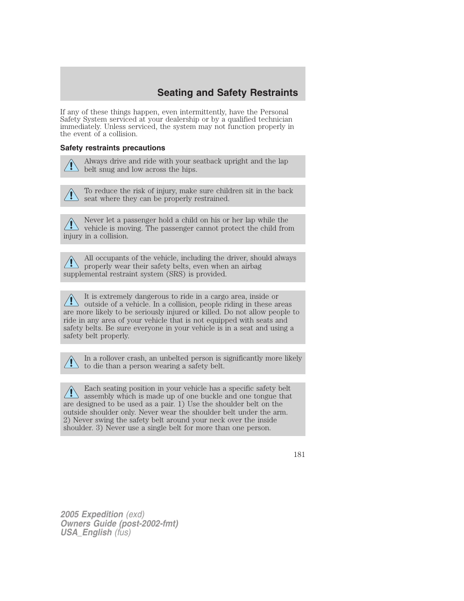 Safety restraints precautions, Seating and safety restraints | FORD 2005 Expedition v.2 User Manual | Page 181 / 376