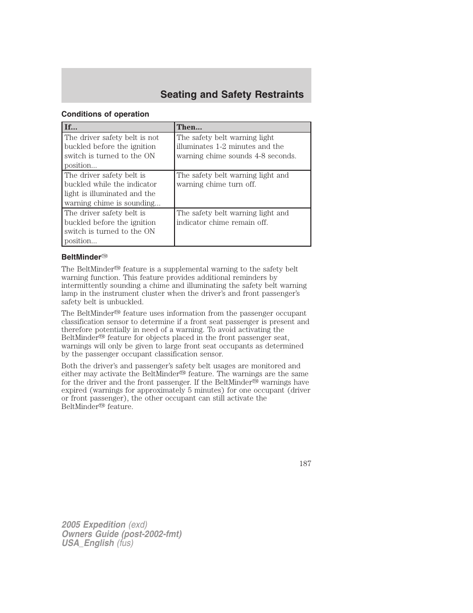 Conditions of operation, Beltminder, Seating and safety restraints | FORD 2005 Expedition v.2 User Manual | Page 187 / 376