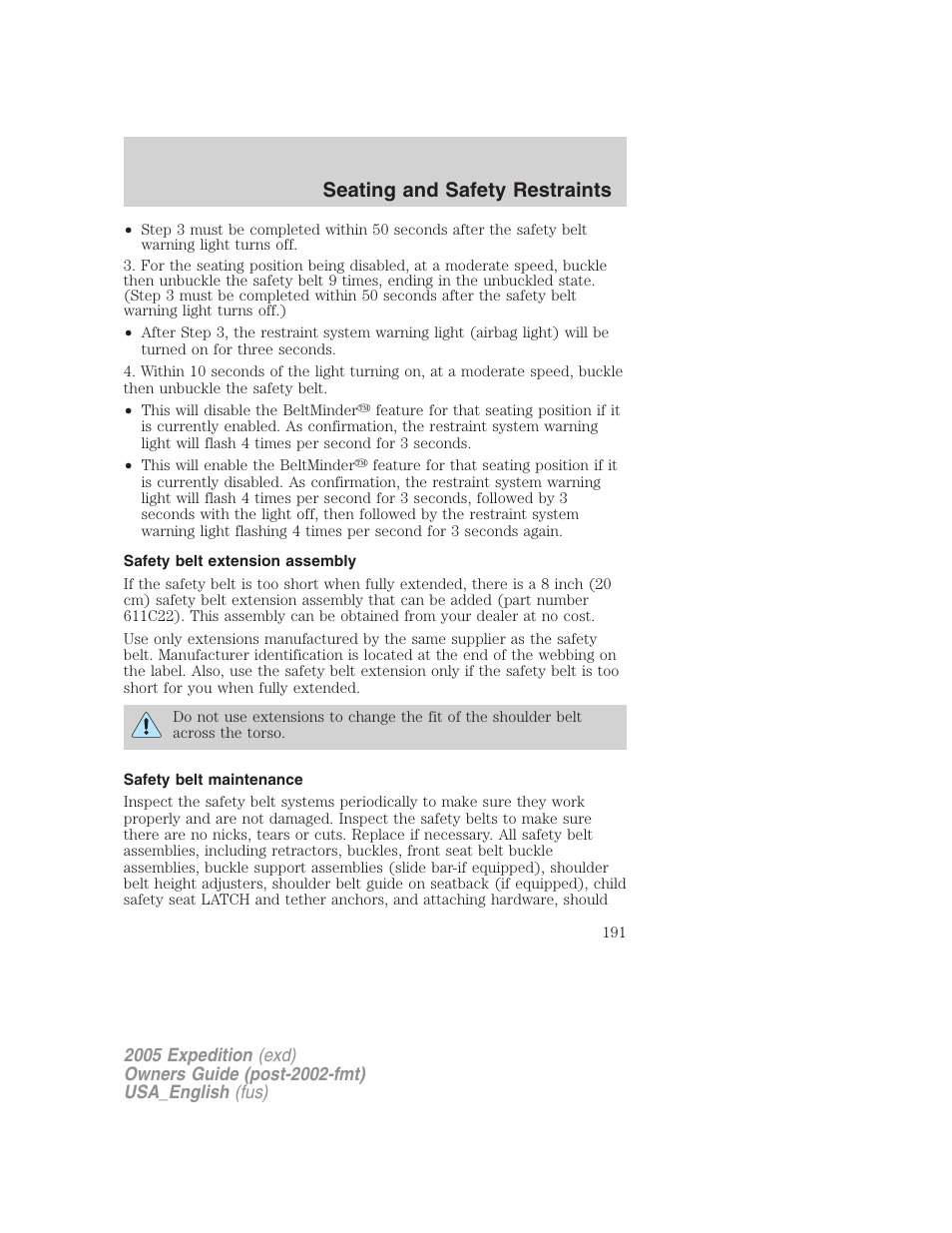 Safety belt extension assembly, Safety belt maintenance, Seating and safety restraints | FORD 2005 Expedition v.2 User Manual | Page 191 / 376