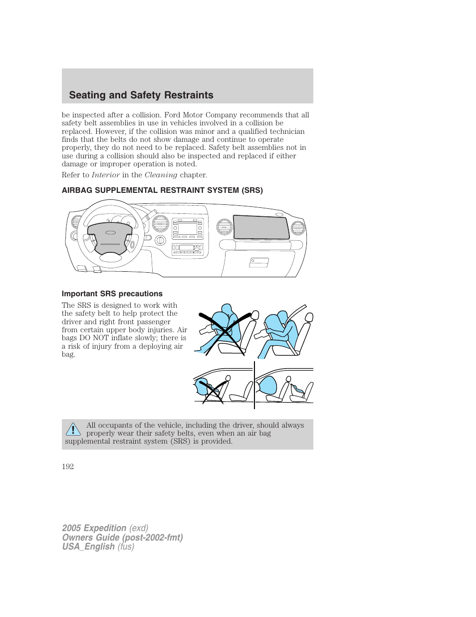 Airbag supplemental restraint system (srs), Important srs precautions, Air bags | Seating and safety restraints | FORD 2005 Expedition v.2 User Manual | Page 192 / 376