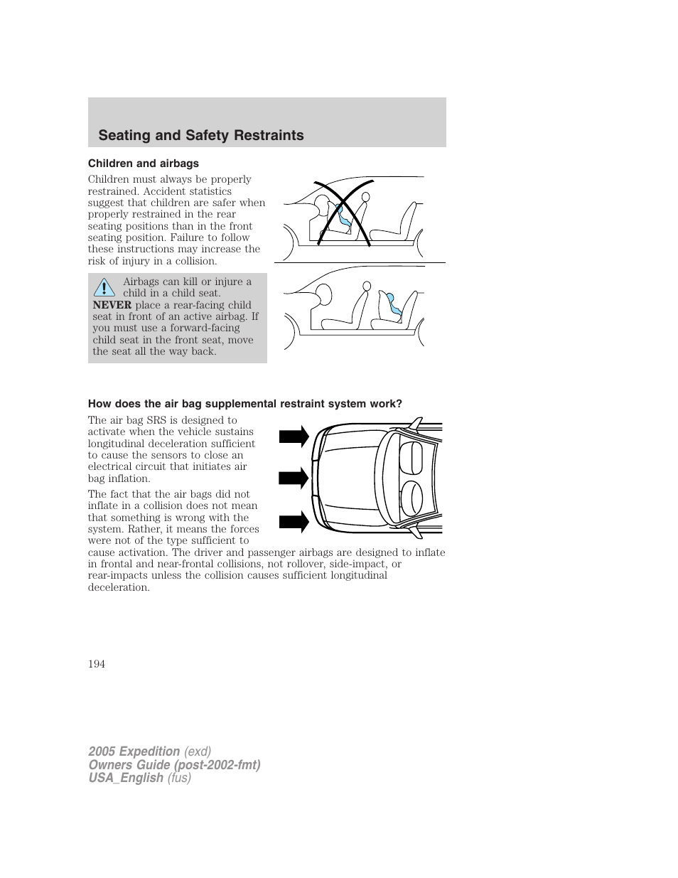 Children and airbags, Seating and safety restraints | FORD 2005 Expedition v.2 User Manual | Page 194 / 376