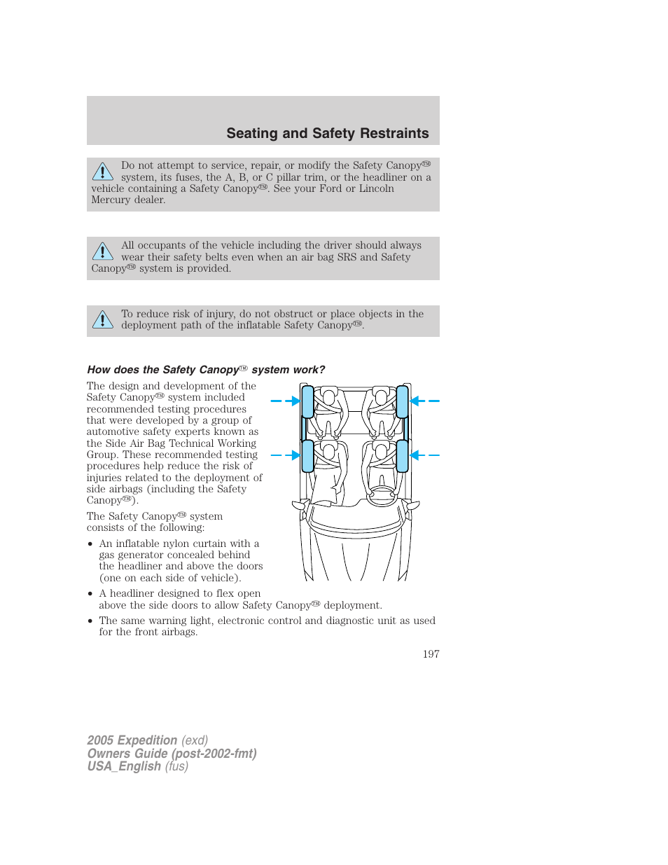 How does the safety canopy system work, Seating and safety restraints | FORD 2005 Expedition v.2 User Manual | Page 197 / 376