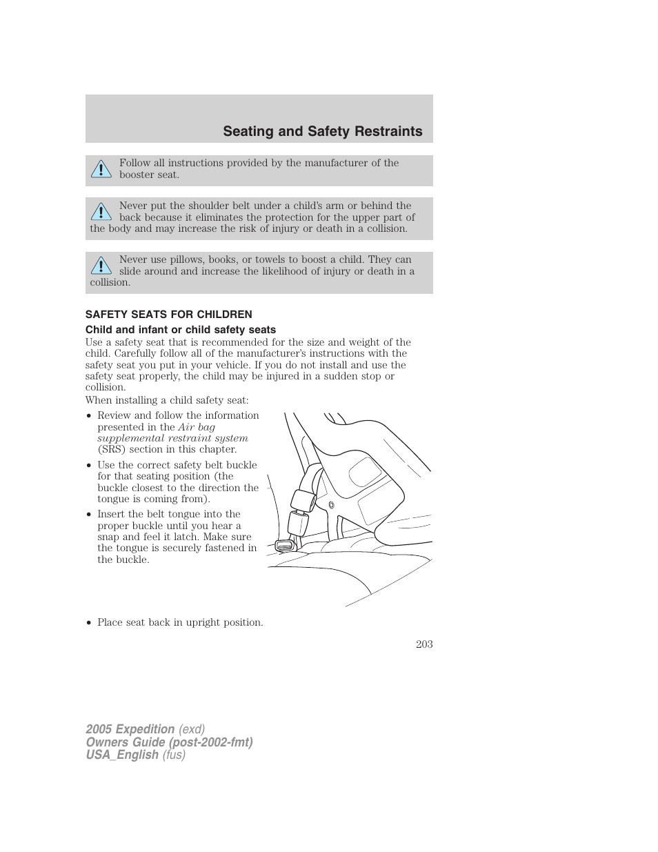 Safety seats for children, Child and infant or child safety seats, Seating and safety restraints | FORD 2005 Expedition v.2 User Manual | Page 203 / 376