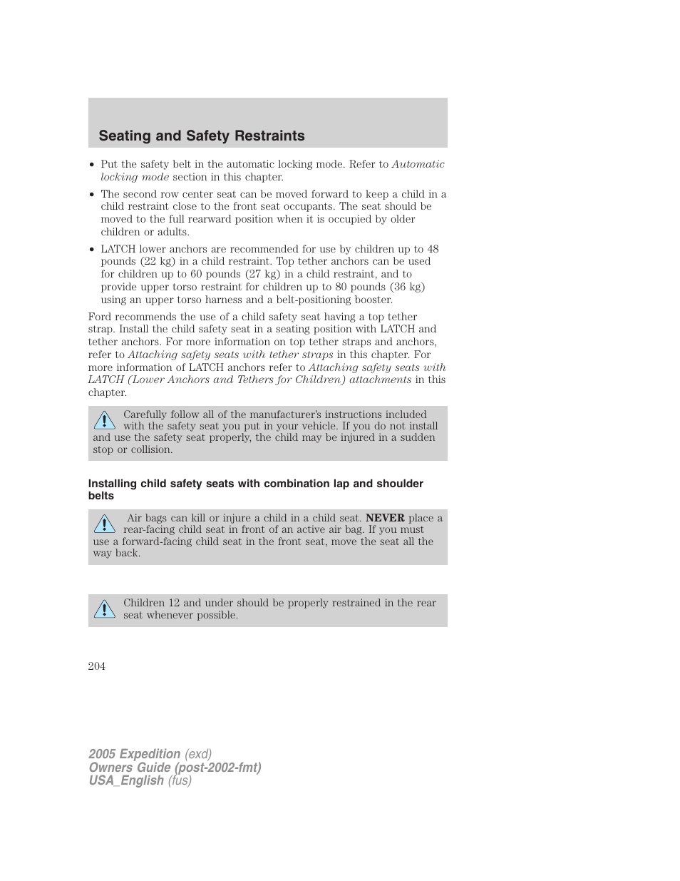 Seating and safety restraints | FORD 2005 Expedition v.2 User Manual | Page 204 / 376