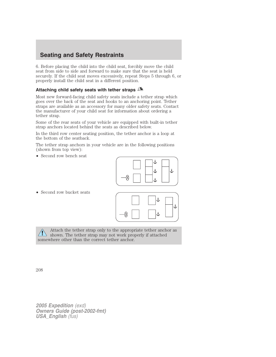 Attaching child safety seats with tether straps, Seating and safety restraints | FORD 2005 Expedition v.2 User Manual | Page 208 / 376