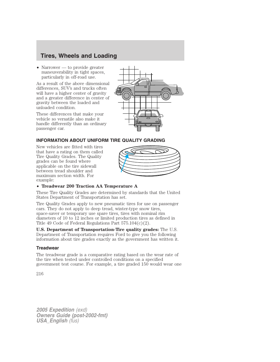 Information about uniform tire quality grading, Treadwear, Tires, wheels and loading | FORD 2005 Expedition v.2 User Manual | Page 216 / 376