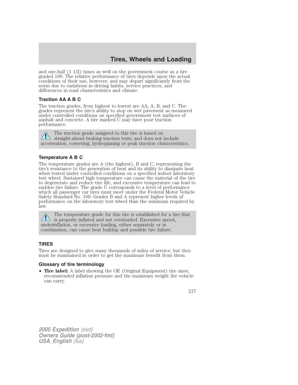 Traction aa a b c, Temperature a b c, Tires | Glossary of tire terminology, Tire information, Tires, wheels and loading | FORD 2005 Expedition v.2 User Manual | Page 217 / 376