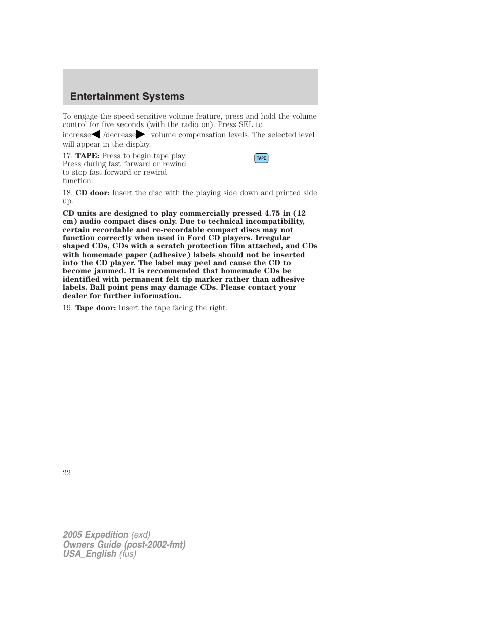 Entertainment systems | FORD 2005 Expedition v.2 User Manual | Page 22 / 376