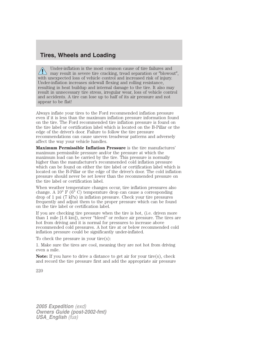 Tires, wheels and loading | FORD 2005 Expedition v.2 User Manual | Page 220 / 376