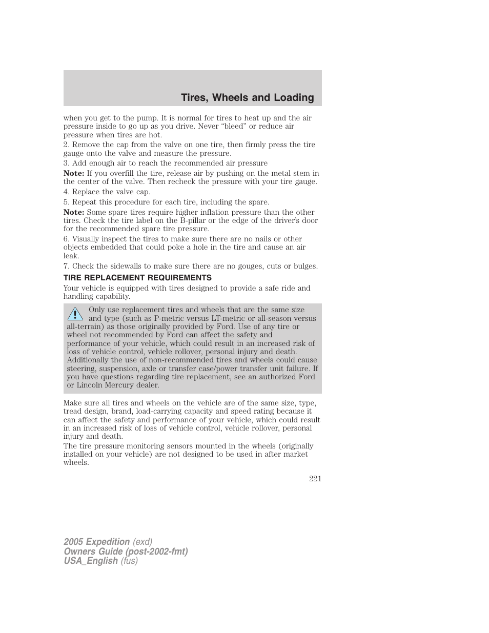 Tire replacement requirements, Tires, wheels and loading | FORD 2005 Expedition v.2 User Manual | Page 221 / 376