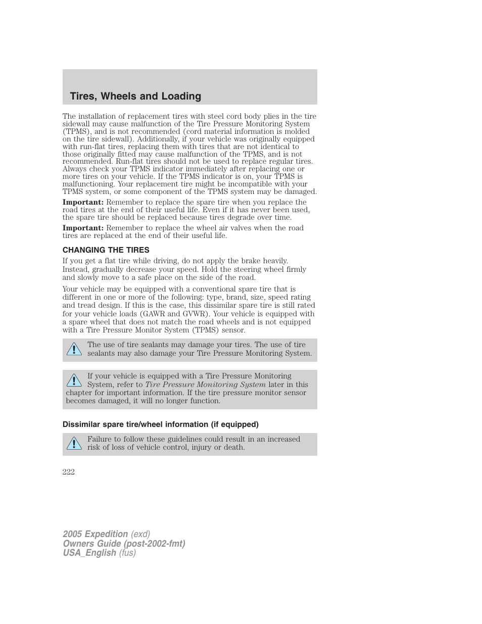 Changing the tires, Changing tires, Tires, wheels and loading | FORD 2005 Expedition v.2 User Manual | Page 222 / 376