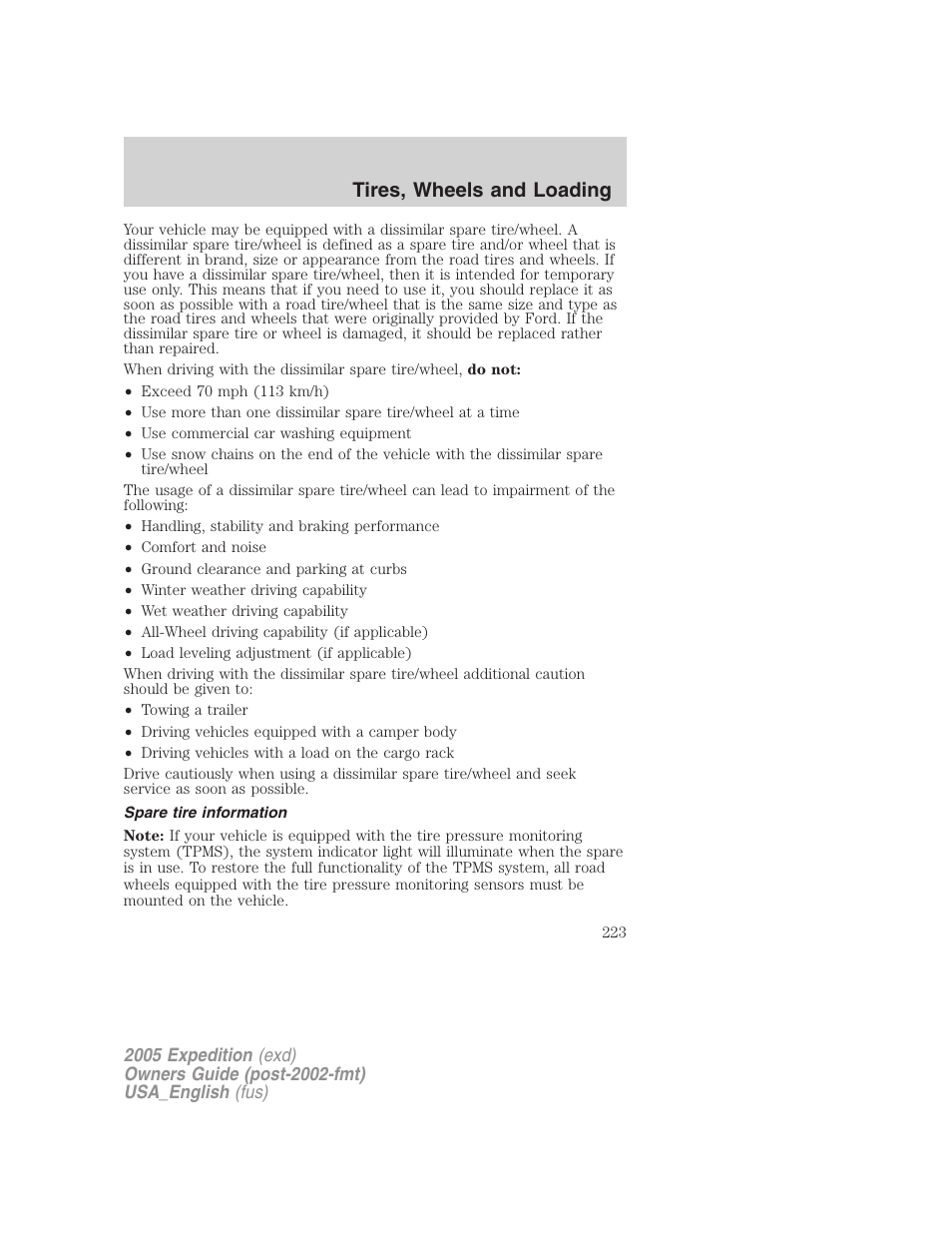Spare tire information, Tires, wheels and loading | FORD 2005 Expedition v.2 User Manual | Page 223 / 376