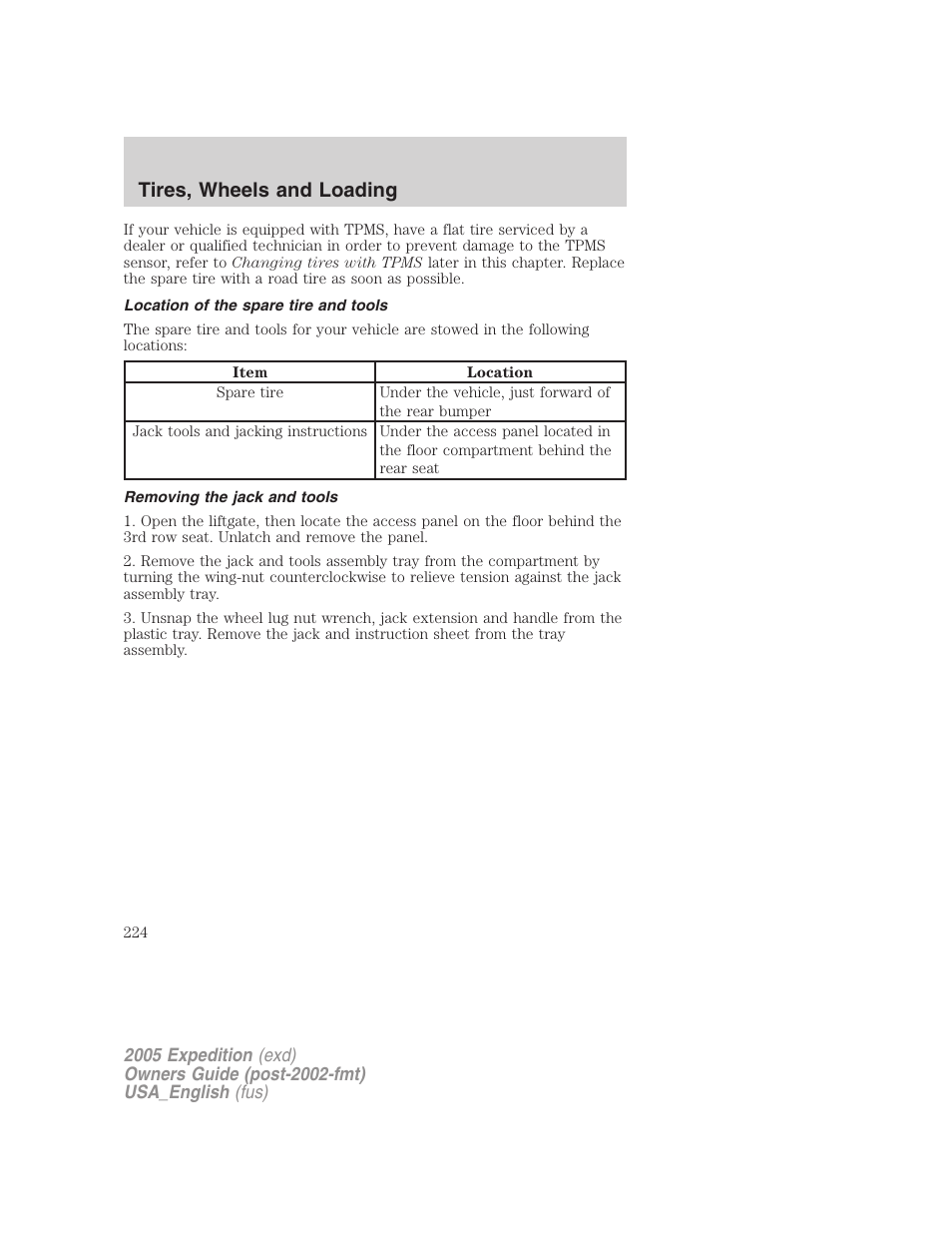 Location of the spare tire and tools, Removing the jack and tools, Tires, wheels and loading | FORD 2005 Expedition v.2 User Manual | Page 224 / 376