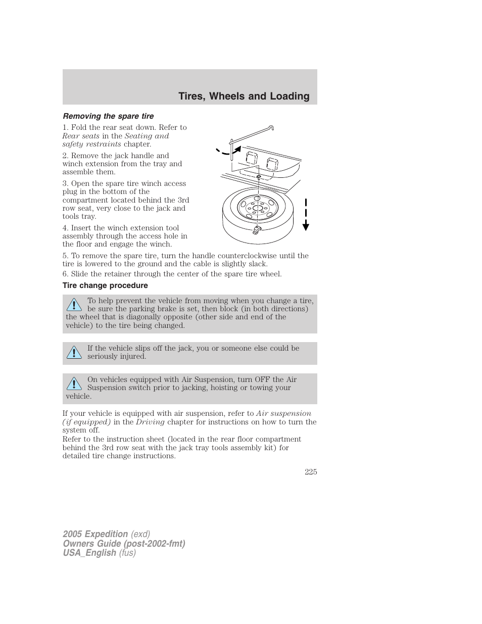 Removing the spare tire, Tire change procedure, Tires, wheels and loading | FORD 2005 Expedition v.2 User Manual | Page 225 / 376