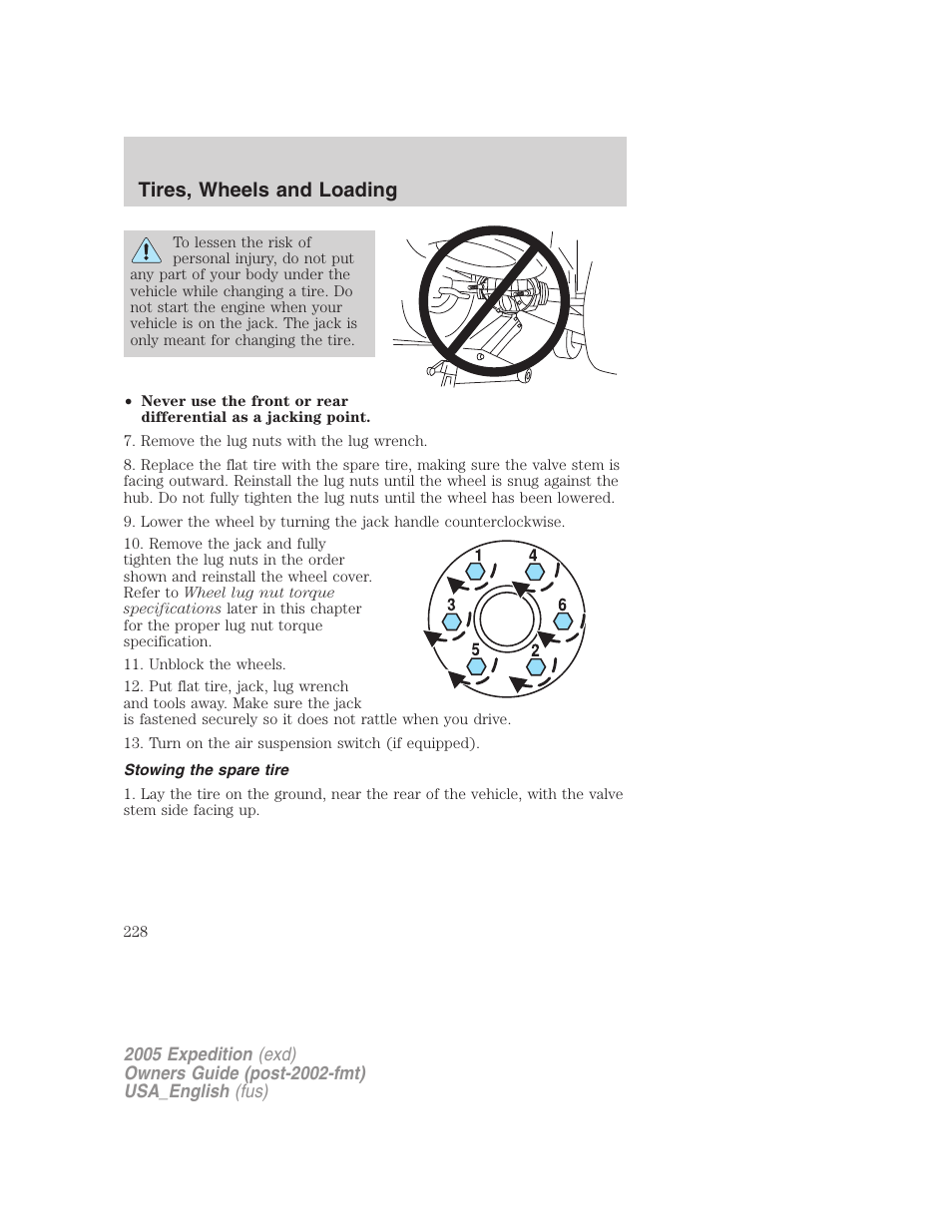 Stowing the spare tire, Tires, wheels and loading | FORD 2005 Expedition v.2 User Manual | Page 228 / 376