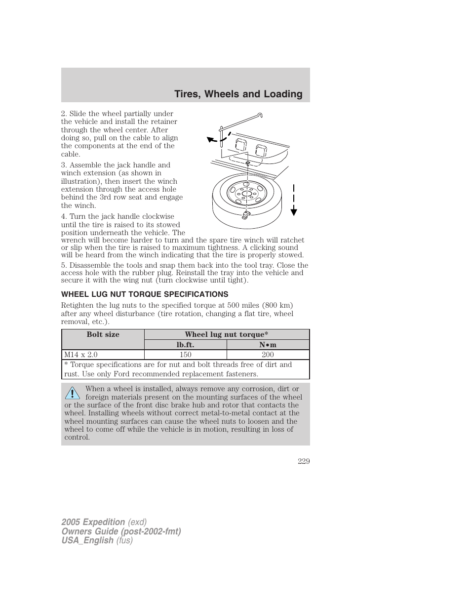 Wheel lug nut torque specifications, Wheel lug nut torque, Tires, wheels and loading | FORD 2005 Expedition v.2 User Manual | Page 229 / 376