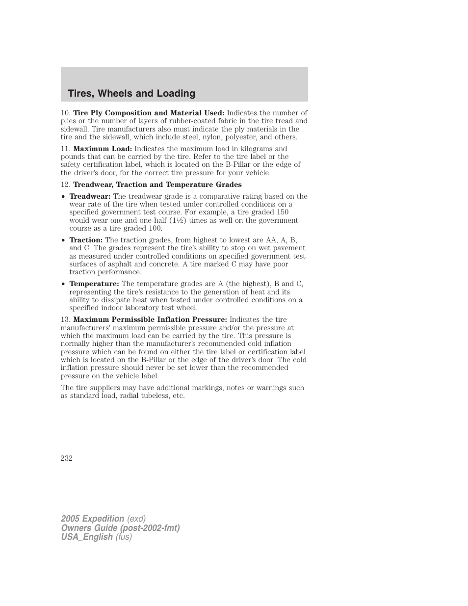 Tires, wheels and loading | FORD 2005 Expedition v.2 User Manual | Page 232 / 376