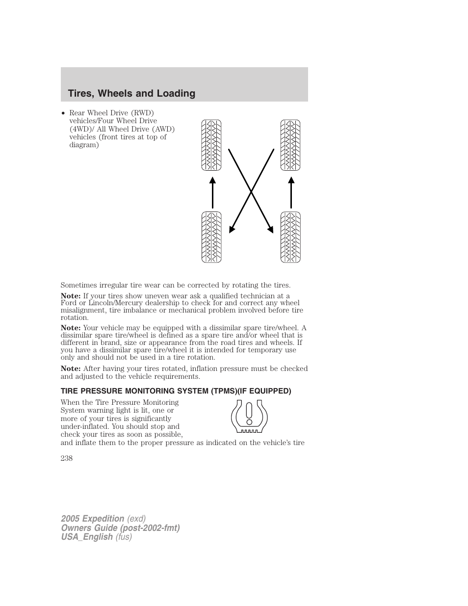 Tire pressure monitoring system (tpms), Tires, wheels and loading | FORD 2005 Expedition v.2 User Manual | Page 238 / 376