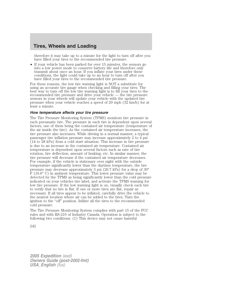 How temperature affects your tire pressure, Tires, wheels and loading | FORD 2005 Expedition v.2 User Manual | Page 242 / 376